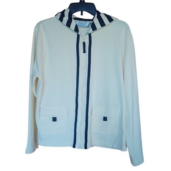 AW Sport Allyson Whitmore Zip Up Hoodie Butter Yellow Blue Stripes Women's Large - Picture 2 of 6